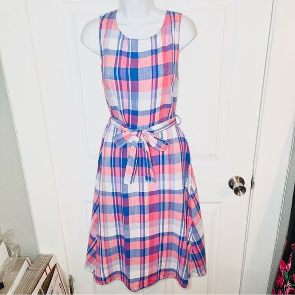 Joules Pink Blue Plaid Fiona Midi Dress Cotton Sleeveless Tie Waist 6 - Picture 4 of 11